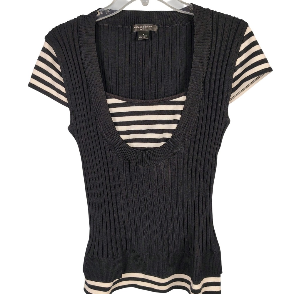 August Silk Womens M Ribbed Knit Layered Top Black Striped Y2K Preppy Chic - Picture 1 of 8
